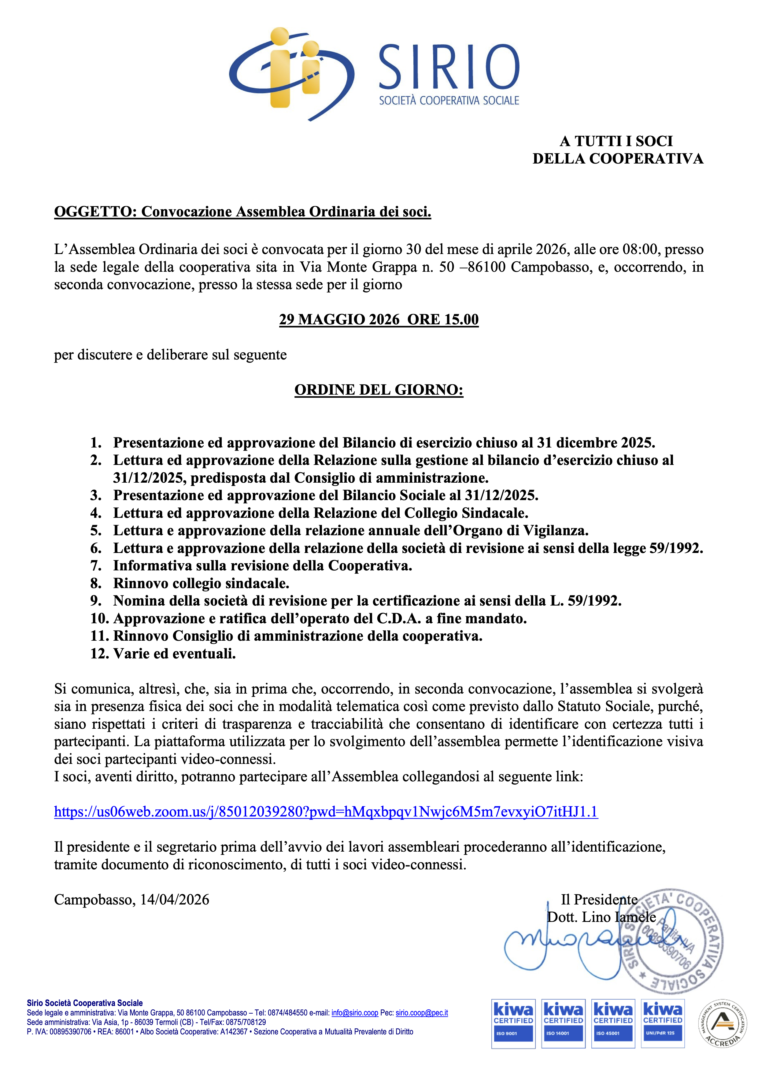 Convocazione Assemblea Ordinaria dei soci